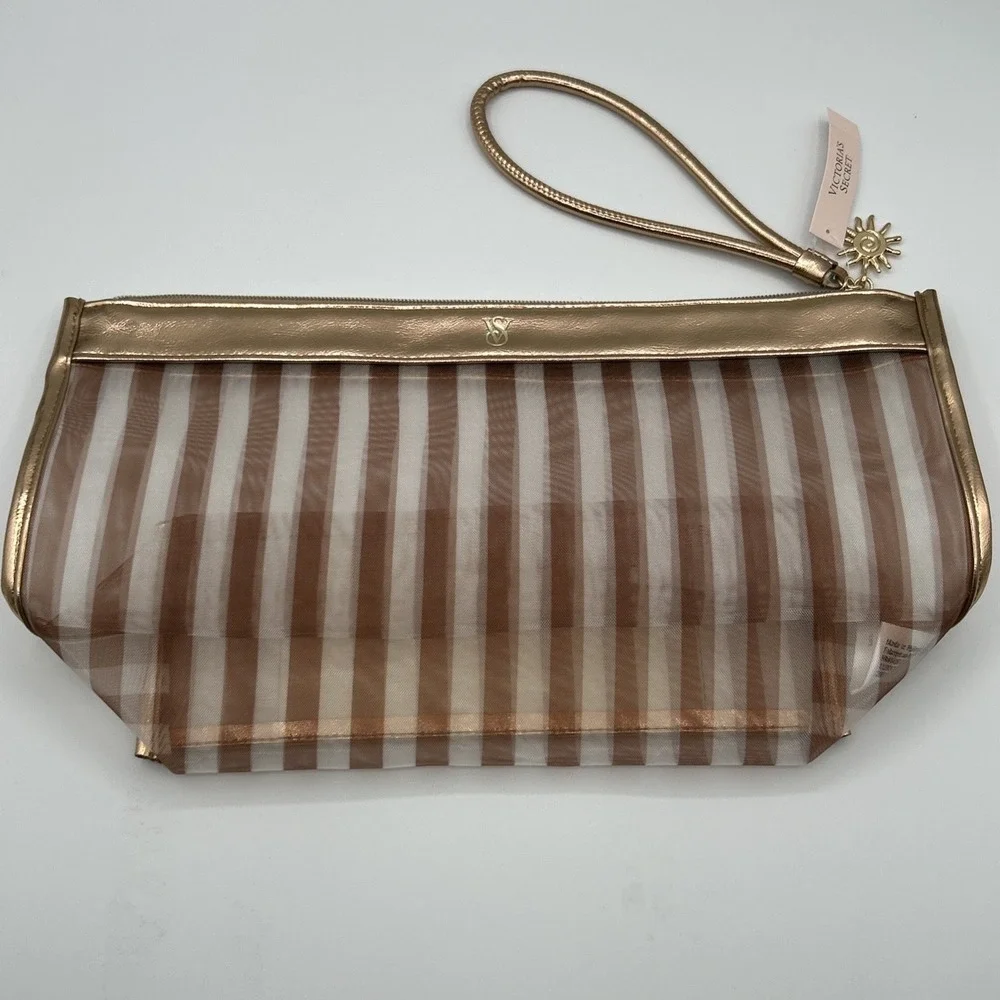 Victoria's Secret Striped Clear Cosmetic Bag Metallic Rose Gold Travel Pouch NWT
